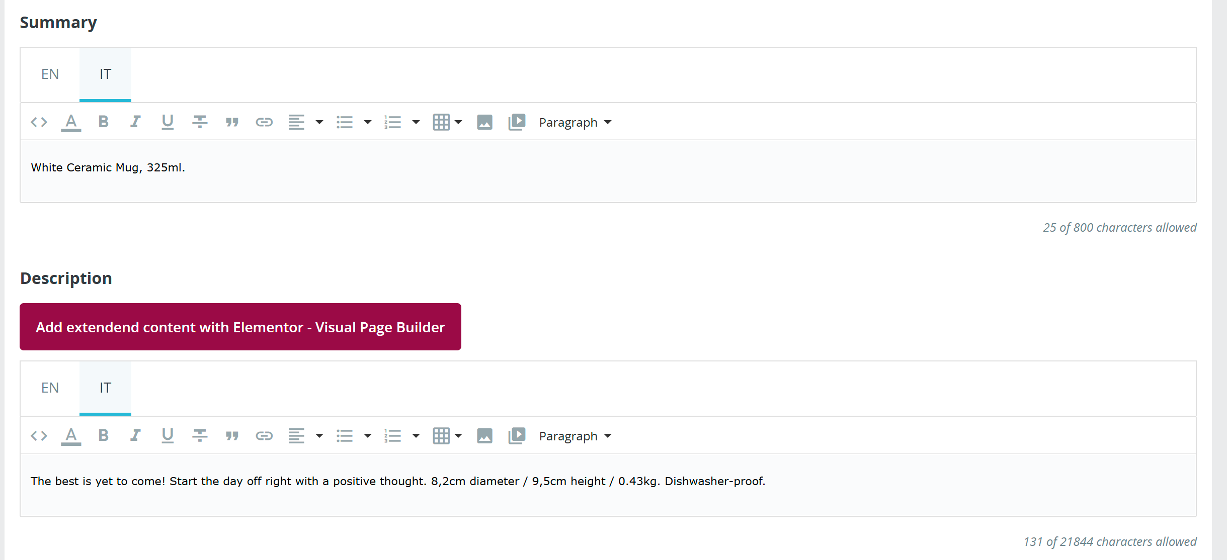 descrizione breve e lunga nella scheda prodotto di prestashop