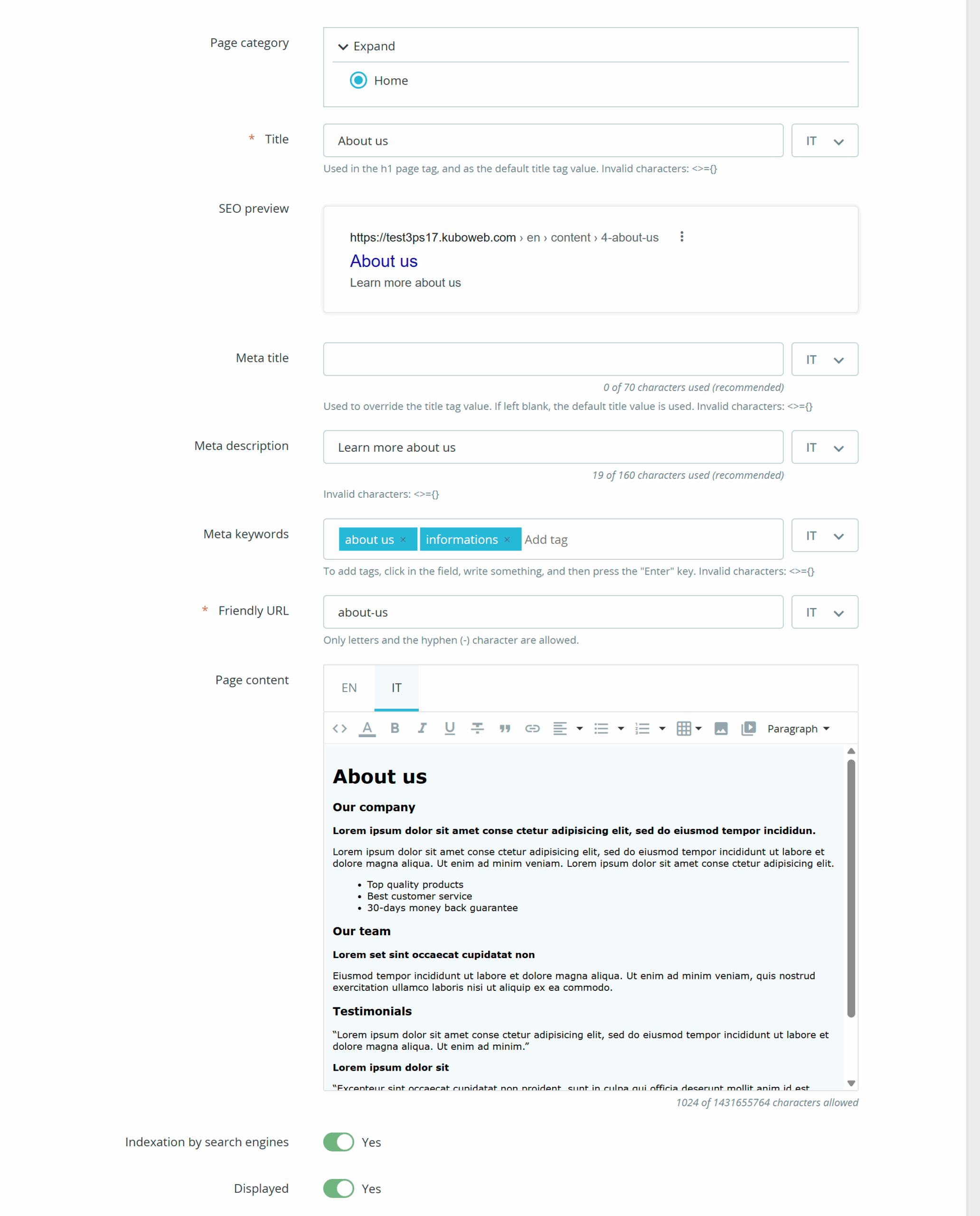 Pagina istituzionale prestashop